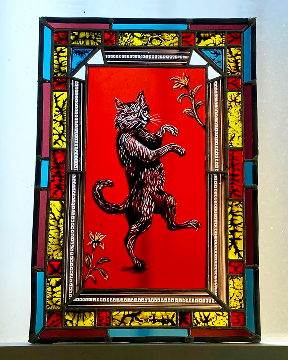 Cat Dances Whilst You Work stained glass panel